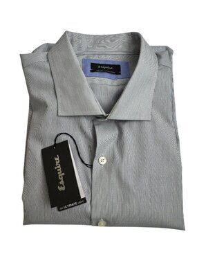 Esquire NEW 100% Cotton Button Down Shirt Grey Stripe18-34/35 Slim Fit Non Iron